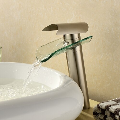 Baterii pentru chiuveta de baie cu cascadă cu gura de sticlă, alamă stil contemporan cu un singur mâner, finisaj cu o gaură nichel periat cu comutator la rece și la cald