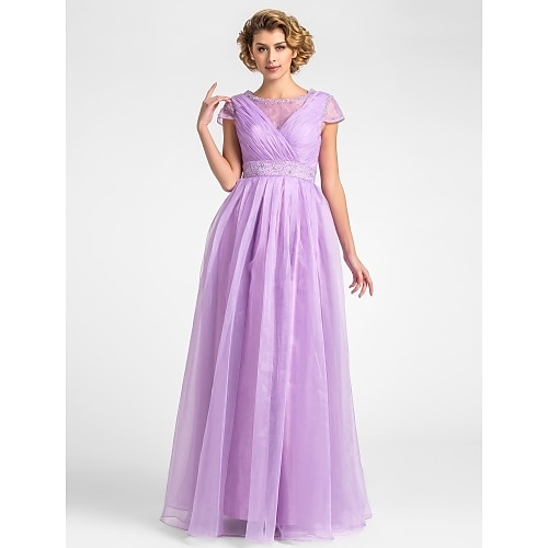 

A-Line Mother of the Bride Dress Jewel Neck Floor Length Organza Short Sleeve with Criss Cross Beading Draping 2022