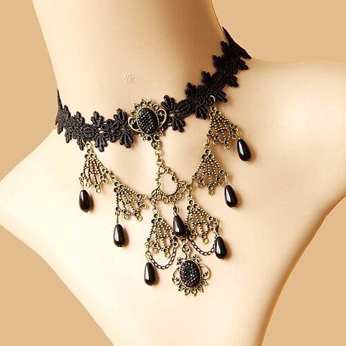 Victorian Retro Balck Lace Choker Necklace with Beaded Pendants