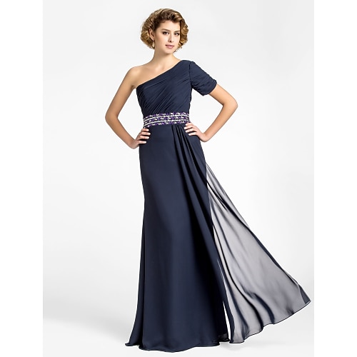 

Sheath / Column Mother of the Bride Dress Sparkle & Shine One Shoulder Floor Length Chiffon Short Sleeve with Beading Draping Side Draping 2022