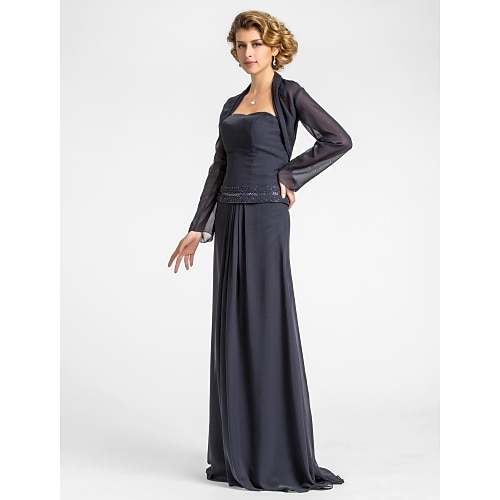 

A-Line Mother of the Bride Dress Wrap Included Strapless Floor Length Chiffon Long Sleeve with Beading Draping 2022