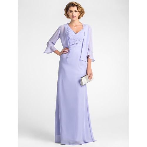 

Sheath / Column Mother of the Bride Dress V Neck Floor Length Chiffon 3/4 Length Sleeve Wrap Included with Criss Cross Beading 2022