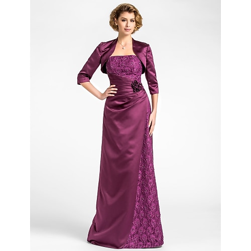 

Sheath / Column Mother of the Bride Dress Wrap Included Strapless Straight Neckline Floor Length Satin Beaded Lace 3/4 Length Sleeve with Beading Side Draping Flower 2022