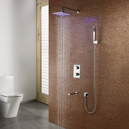 LED Thermostatic Contemporary Wall Mount Shower Faucet (Chrome Finish)