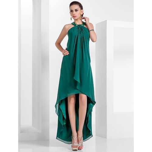 

A-Line Elegant High Low Cocktail Party Prom Dress Halter Neck Backless Sleeveless Asymmetrical Chiffon with Pleats Beading 2022