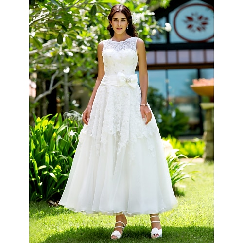 

A-Line Wedding Dresses Bateau Neck Ankle Length Lace Regular Straps Little White Dress with Appliques 2022