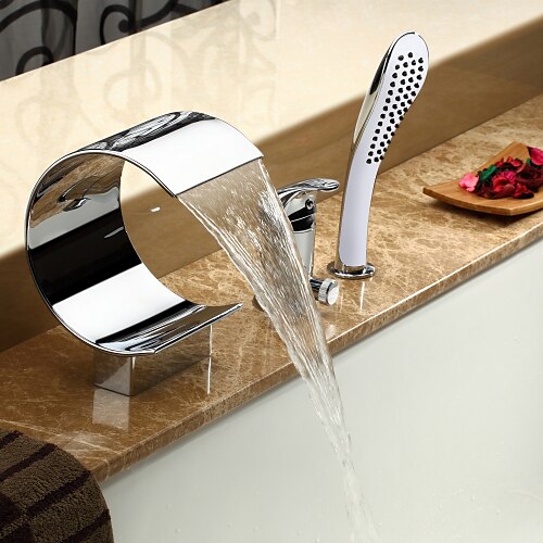 Bathtub Faucet - Contemporary Chrome Roman Tub Ceramic Valve Bath Shower Mixer Taps / Single Handle Three Holes