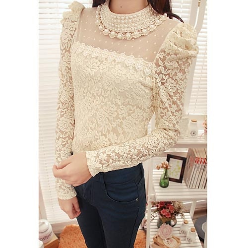 Women's Beaded Collar Lace Embroidery Puff Sleeve Blouse