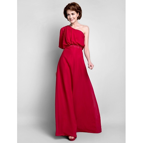 

Sheath / Column Mother of the Bride Dress Elegant One Shoulder Floor Length Chiffon Half Sleeve with Beading Draping 2022