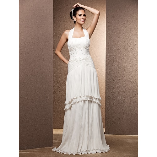 

Sheath / Column Wedding Dresses Halter Neck Floor Length Chiffon Sleeveless with Beading Draping Appliques 2022 / Removable train