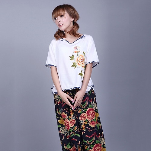 

MLGS kvinner Blå Casual Floral Print Stripes Linen skjørt CQ130505