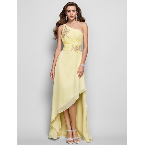 

Sheath / Column Elegant Cocktail Party Prom Dress One Shoulder Sleeveless Asymmetrical Chiffon with Beading Slit Appliques 2022