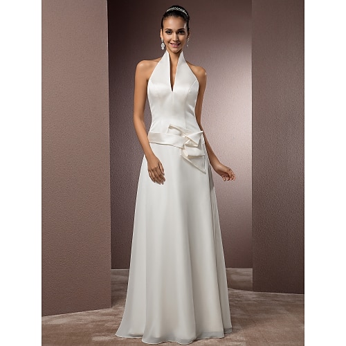 

Sheath / Column Wedding Dresses Halter Neck Floor Length Chiffon Satin Regular Straps Simple Backless Elegant with Sash / Ribbon 2022