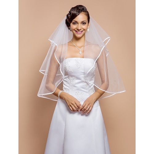 

Two-tier Ribbon Edge Wedding Veil Elbow Veils with Rhinestone 31.5 in (80cm) Tulle A-line, Ball Gown, Princess, Sheath / Column, Trumpet / Mermaid / Classic