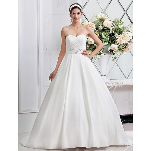 

Princess A-Line Wedding Dresses Sweetheart Neckline Sweep / Brush Train Satin Sleeveless with Sash / Ribbon Ruched Beading 2022