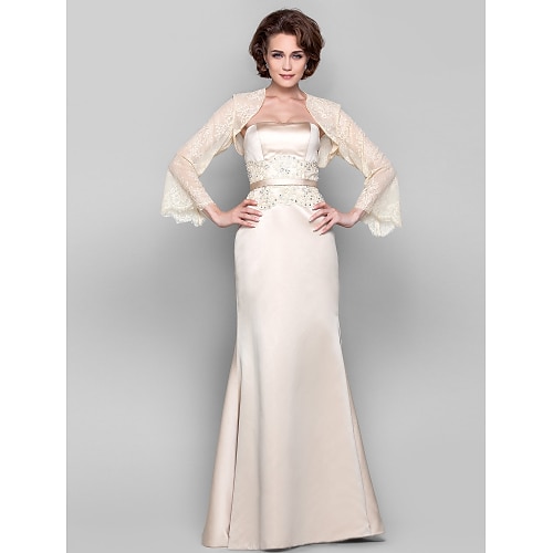 

Sheath / Column Mother of the Bride Dress Wrap Included Strapless Floor Length Tulle Stretch Satin Long Sleeve with Sash / Ribbon Beading Appliques 2022