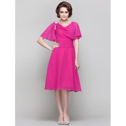 

Princess A-Line Mother of the Bride Dress Vintage Inspired V Neck Knee Length Chiffon Short Sleeve with Sash / Ribbon Ruched Ruffles 2022 / Butterfly Sleeve