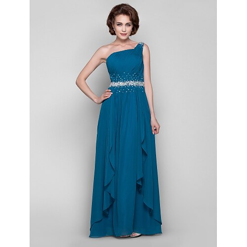 

A-Line Mother of the Bride Dress Sparkle & Shine One Shoulder Floor Length Chiffon Sleeveless with Beading Draping Side Draping 2022