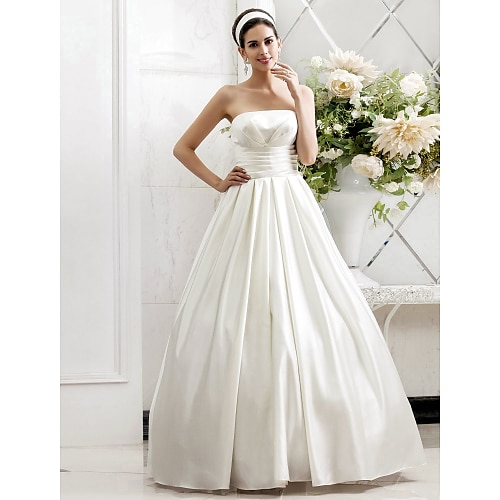 

Princess A-Line Wedding Dresses Strapless Sweep / Brush Train Satin Sleeveless with Ruched Side-Draped 2022