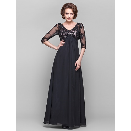 

A-Line Mother of the Bride Dress See Through V Neck Floor Length Chiffon Sheer Lace 3/4 Length Sleeve with Lace Beading Side Draping 2022 / Illusion Sleeve