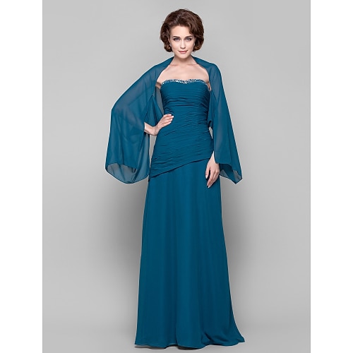 

Sheath / Column Mother of the Bride Dress Wrap Included Strapless Floor Length Chiffon Long Sleeve with Ruched Crystals Draping 2022