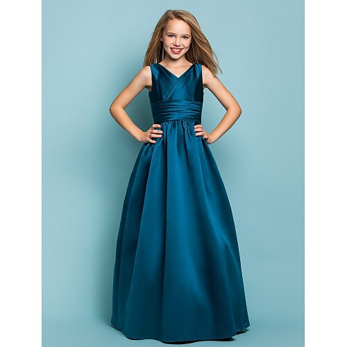 

Princess Floor Length V Neck Satin Junior Bridesmaid Dresses&Gowns With Sash / Ribbon Wedding Party Dresses 4-16 Year