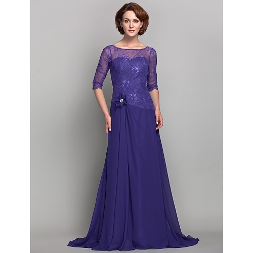 

A-Line Mother of the Bride Dress Bateau Neck Sweep / Brush Train Chiffon Lace 3/4 Length Sleeve with Flower 2022 / Illusion Sleeve