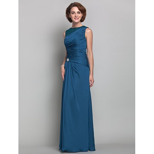 

Sheath / Column Mother of the Bride Dress Vintage Inspired Jewel Neck Floor Length Satin Chiffon Sleeveless with Beading 2022