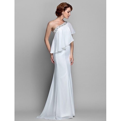 

A-Line Mother of the Bride Dress Sparkle & Shine One Shoulder Floor Length Chiffon Sleeveless with Beading Ruffles 2022