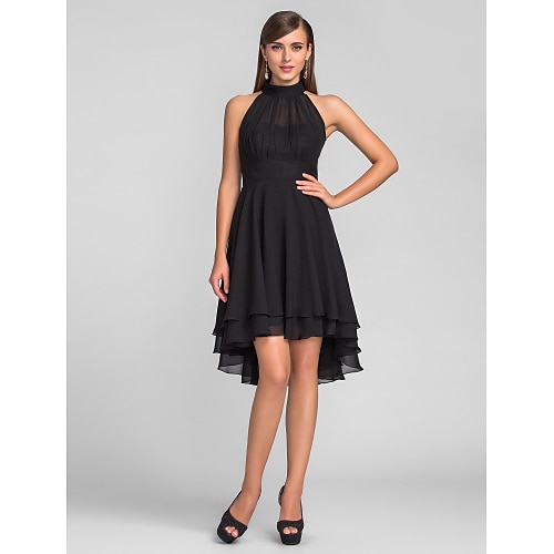 

A-Line Little Black Dress Homecoming Cocktail Party Dress Halter Neck Sleeveless Knee Length Chiffon with Pleats 2022