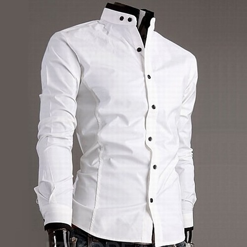 男性用 日常 シャツ ソリッド 長袖 トップの コットン ホワイト ブラック