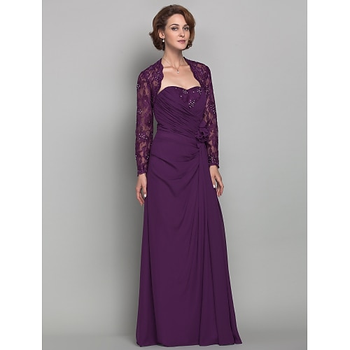 

Sheath / Column Mother of the Bride Dress Wrap Included Sweetheart Neckline Floor Length Chiffon Lace Long Sleeve with Lace Criss Cross Ruched 2022