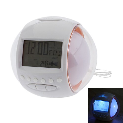 2.5 "pallon muotoon LCD digitaalinen herätyskello FM-radio, lämpömittari, kalenteri ja torkkutoiminto (valkoinen, 3xAA)