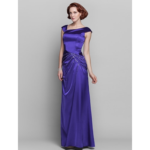 

Sheath / Column Mother of the Bride Dress Elegant Off Shoulder Floor Length Stretch Satin Sleeveless with Beading Side Draping 2022