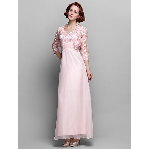

Sheath / Column Mother of the Bride Dress V Neck Ankle Length Chiffon Lace 3/4 Length Sleeve with Bow(s) Ruched 2022