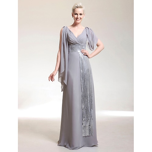 

Sheath / Column Celebrity Style Dress Formal Evening Floor Length Short Sleeve V Neck Chiffon with Criss Cross Beading 2022