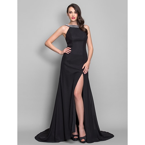 

Ball Gown Open Back Dress Formal Evening Sweep / Brush Train Sleeveless Scoop Neck Chiffon with Pleats Split Front 2022