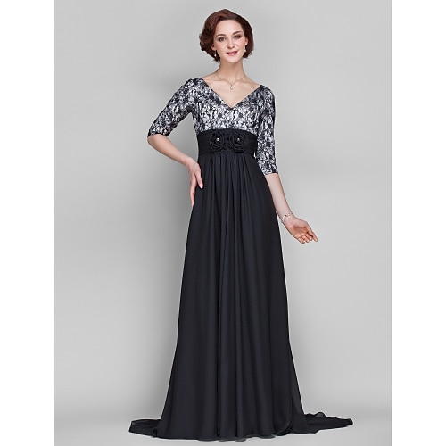 

A-Line Mother of the Bride Dress Vintage Inspired V Neck Sweep / Brush Train Chiffon Lace Half Sleeve with Lace Ruched Flower 2022