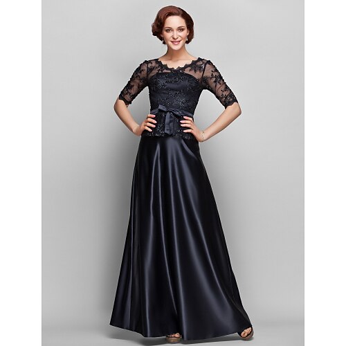 

A-Line Mother of the Bride Dress See Through V Neck Floor Length Satin Lace Half Sleeve with Lace Bow(s) Beading 2022 / Illusion Sleeve