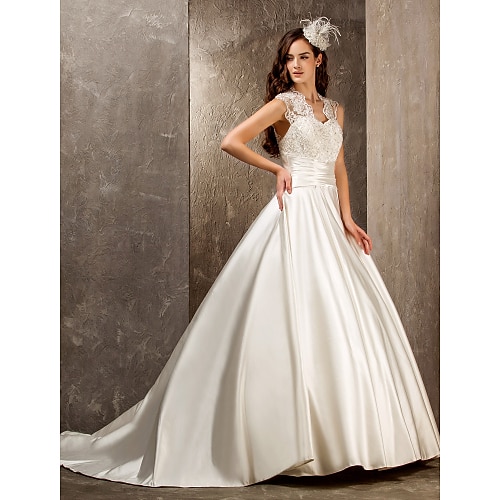 

A-Line Wedding Dresses Queen Anne Sweep / Brush Train Lace Satin Sleeveless See-Through with Sash / Ribbon Beading Appliques 2022