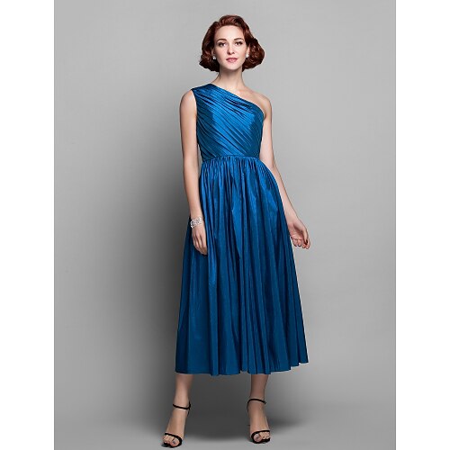 

A-Line Mother of the Bride Dress One Shoulder Tea Length Taffeta Sleeveless with Side Draping 2022