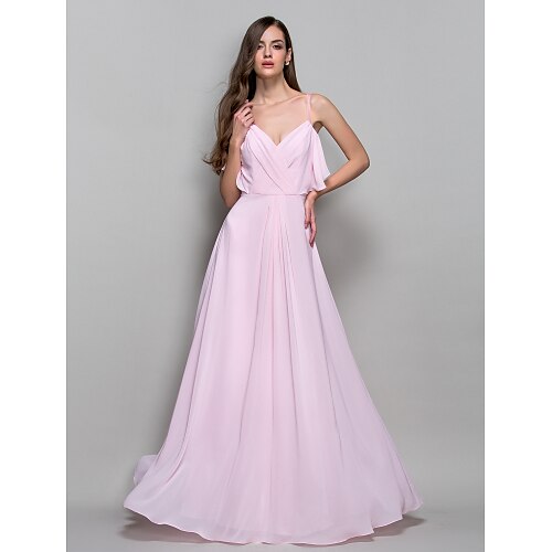 

Ball Gown Open Back Dress Formal Evening Floor Length Sleeveless Straps Chiffon with Criss Cross Draping 2022