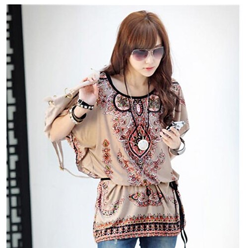 Women's Print Beige Blouse , Round Neck ½ Length Sleeve