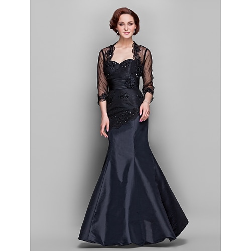 

Mermaid / Trumpet Mother of the Bride Dress Wrap Included Sweetheart Neckline Floor Length Taffeta Tulle 3/4 Length Sleeve with Lace Ruched Beading 2022
