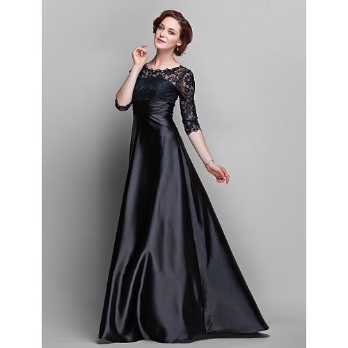 

A-Line Mother of the Bride Dress See Through Jewel Neck Sweep / Brush Train Lace Over Satin Half Sleeve with Lace Ruched Crystals 2022 / Illusion Sleeve