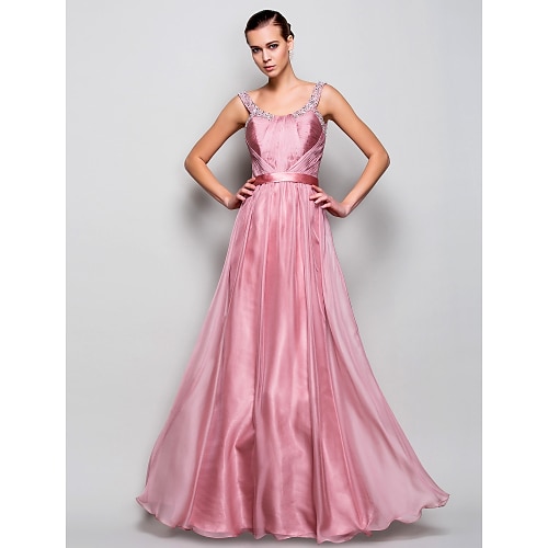 

Ball Gown Open Back Dress Prom Floor Length Sleeveless Straps Chiffon with Sash / Ribbon Ruched Beading 2022 / Formal Evening