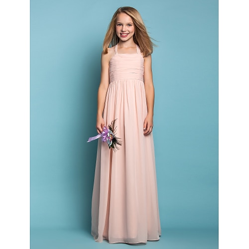 

Sheath / Column Floor Length Halter Neck Chiffon Junior Bridesmaid Dresses&Gowns With Wedding Party Dresses 4-16 Year