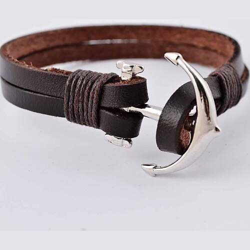 Men's Leather Bracelet Stainless Steel Leather Cross Anchor Jewelry Christmas Gifts Daily Casual Sports Costume Jewelry Brown