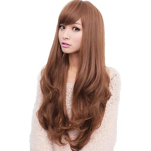 Synthetic Wig Wavy Wavy With Bangs Wig Long Flaxen Light Brown Dark Brown Honey Brown Black Synthetic Hair 21 inch Women's Side Part With Bangs Brown Gray