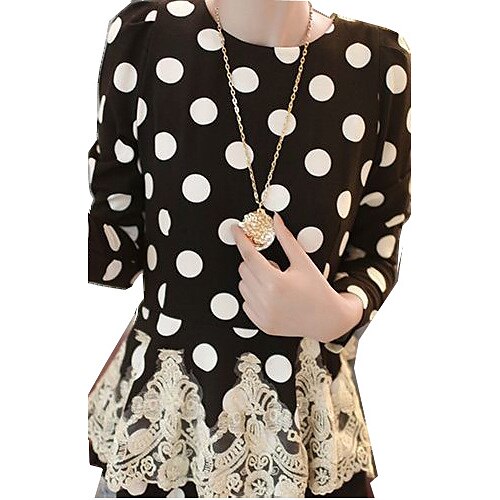 CoolCube Women's Sweet Polka Dots Lace Joint Chiffon Black T Shirt